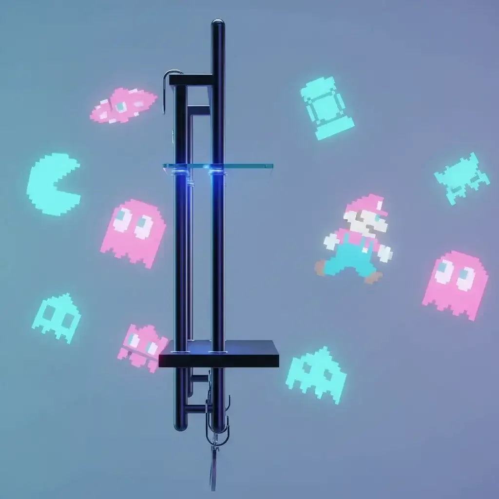 Modern metal floor lamp with retro video game pixel art projections on blue wall