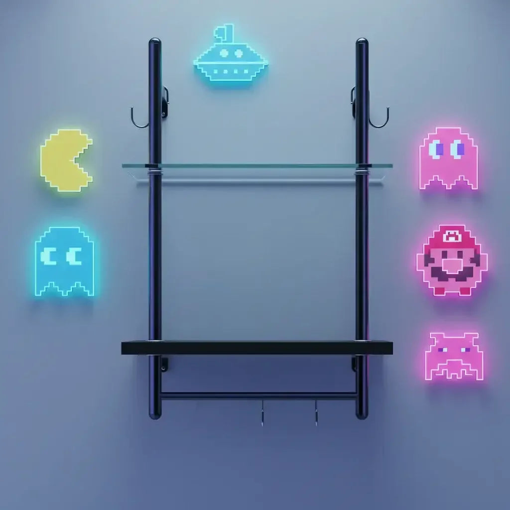 Wall-mounted rack with pixel art neon video game icons on a gray background