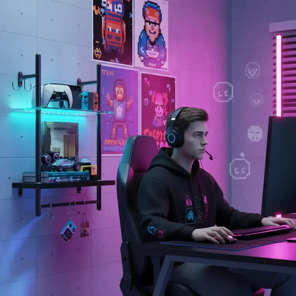Young gamer with headset at RGB-lit desk, gaming setup, pixel art posters in background