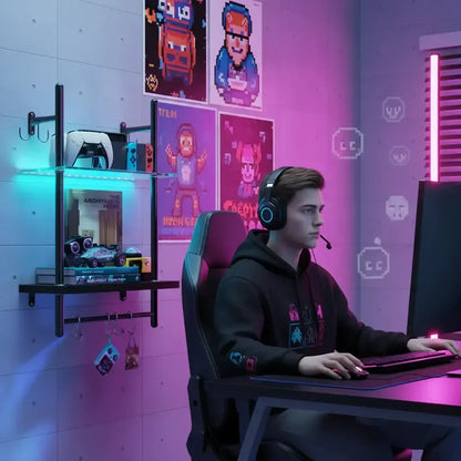 Young gamer with headset at RGB-lit desk, gaming setup, pixel art posters in background