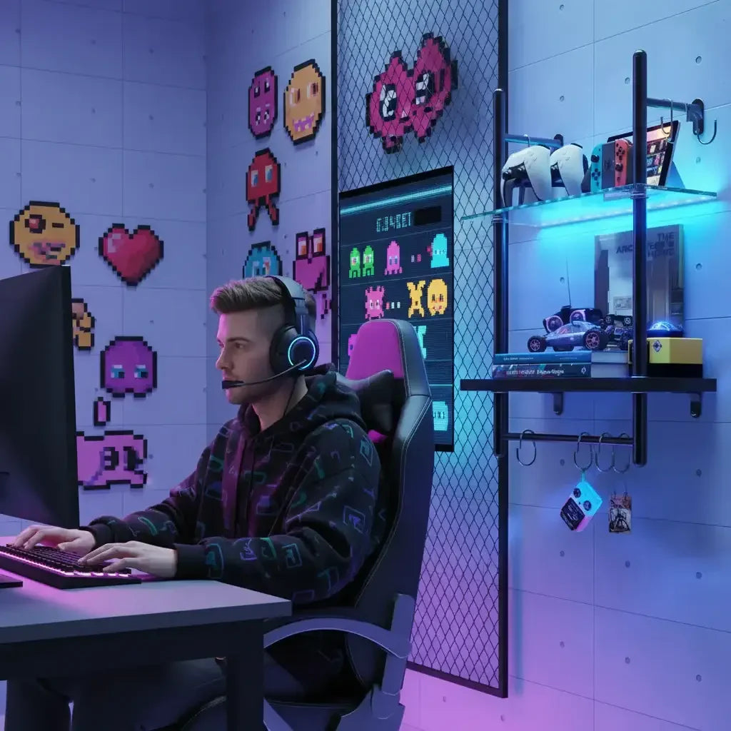 Gamer at RGB-lit computer desk in pixel art gaming room with headset, monitors, and game controllers