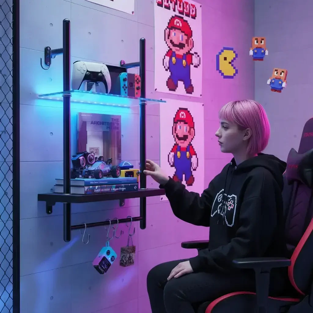 Girl with pink hair in gaming chair beside LED-lit wall shelf, gaming setup decor, pixel art posters