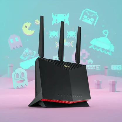 ASUS gaming WiFi router with three antennas, surrounded by retro pixel art video game icons