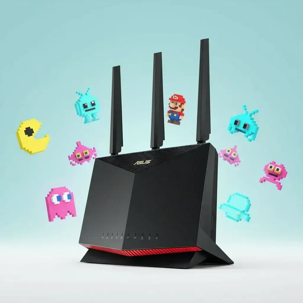 ASUS gaming router with retro pixel video game characters on blue background