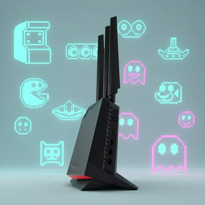 Gaming WiFi router with dual antennas surrounded by retro arcade pixel art icons