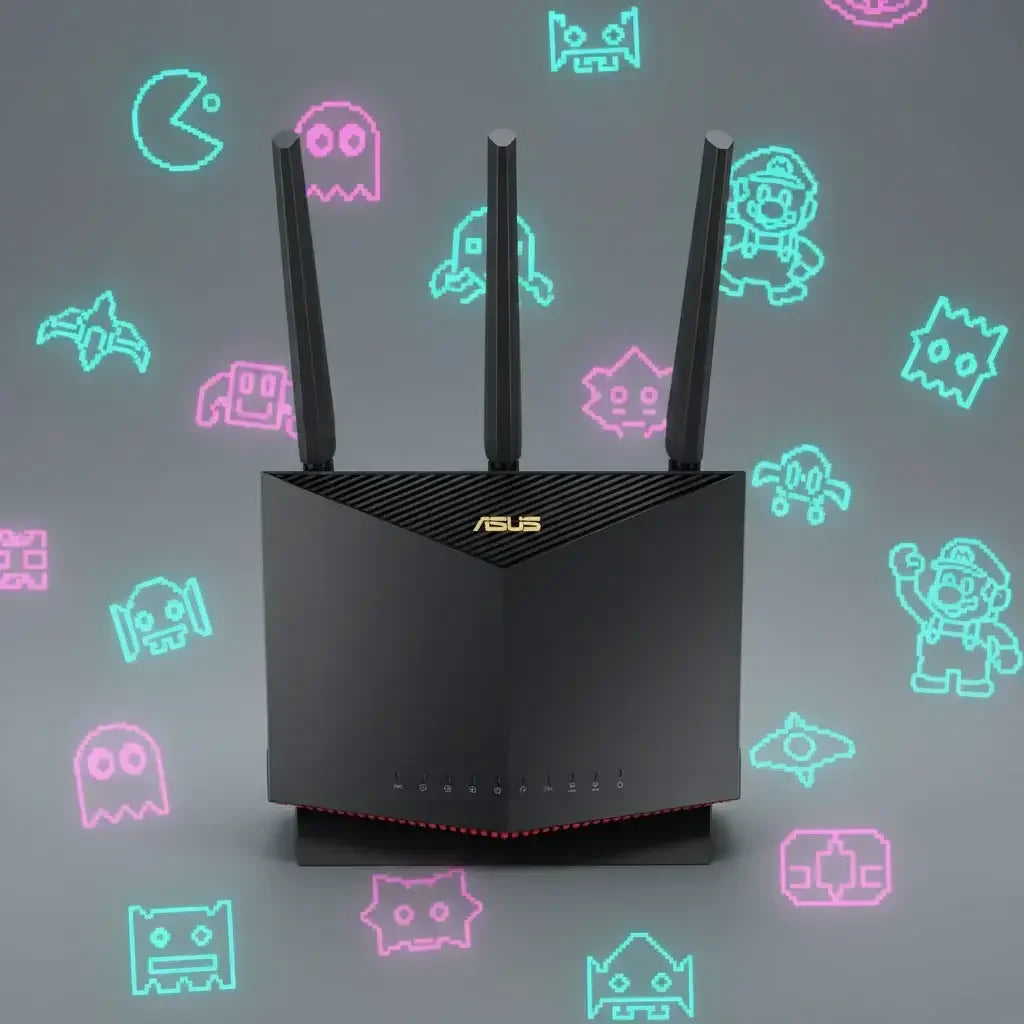 ASUS gaming router with retro video game icons on a gray background