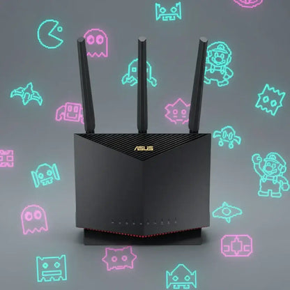 ASUS gaming router with retro video game icons on a gray background