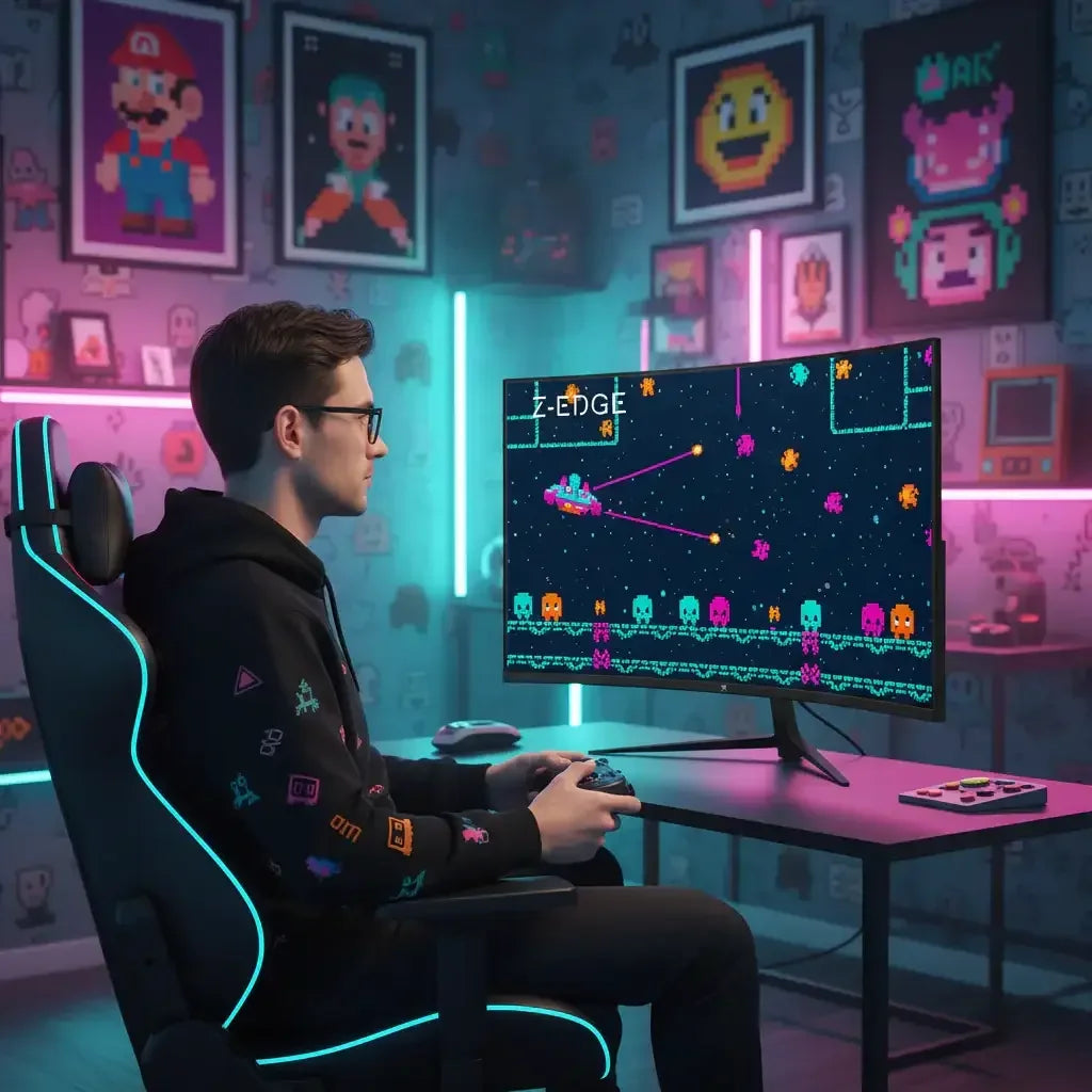 Gamer in RGB-lit chair playing retro pixel space shooter game on curved monitor in neon-lit gaming room