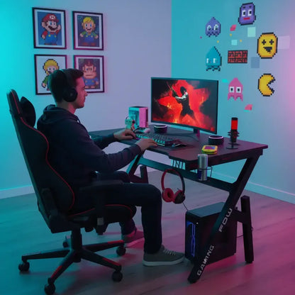 Man gaming at desk with curved monitor, gaming chair, pixel art wall decals, and framed video game posters