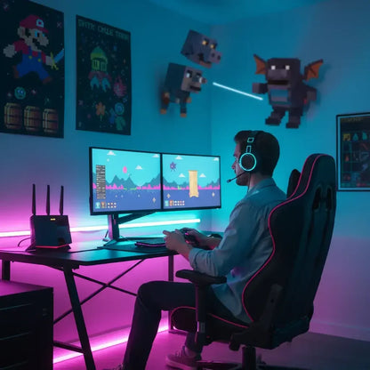 Gamer at dual monitor setup in neon-lit room with pixel art and gaming posters on walls
