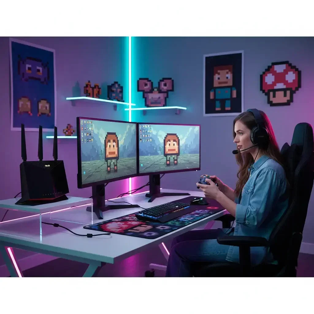 Woman gaming at dual monitor setup with LED lights and pixel art decor in modern room