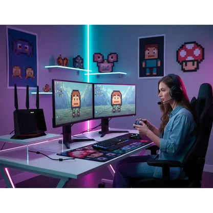 Woman gaming at dual monitor setup with LED lights and pixel art decor in modern room