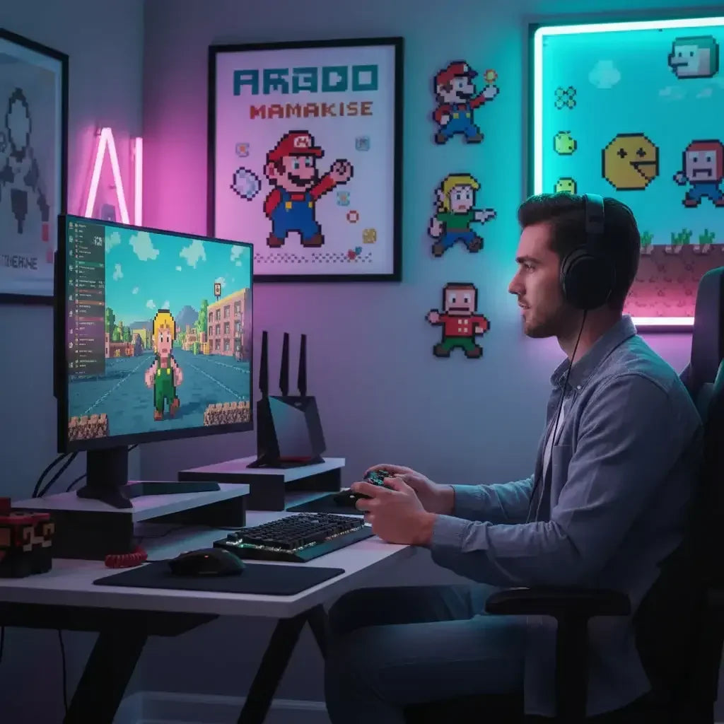 Man gaming at desk with headset, playing pixel art video game in neon-lit gamer room