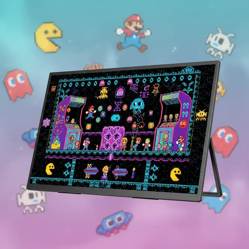 Retro gaming monitor displaying pixel art arcade scene with Pac-Man and Mario characters.