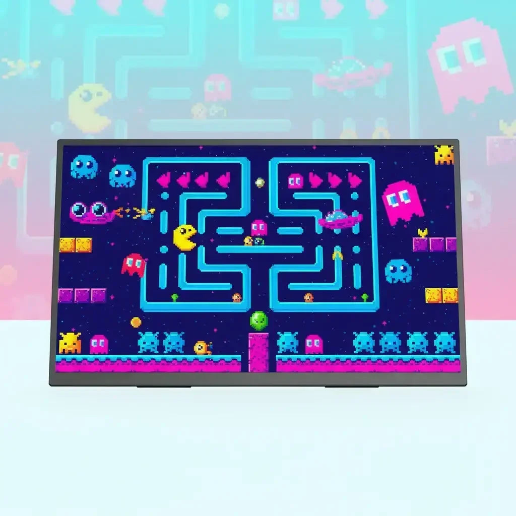 Monitor displaying colorful retro arcade maze game with pixel ghosts and characters