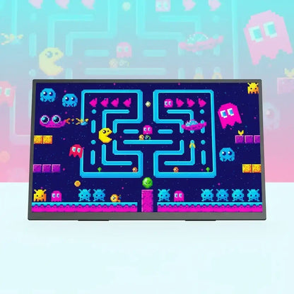 Monitor displaying colorful retro arcade maze game with pixel ghosts and characters