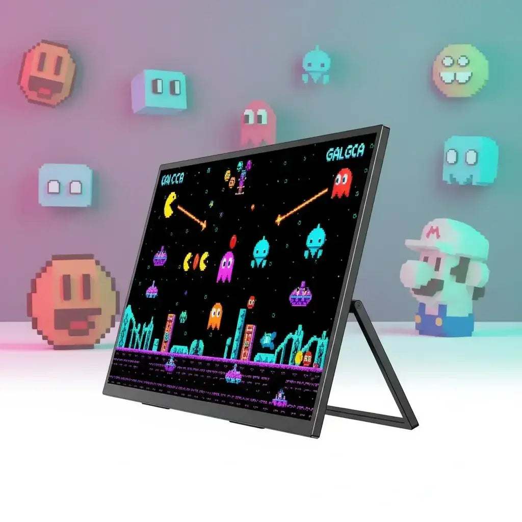 Portable gaming monitor displaying retro arcade game with pixel art characters and colorful background.