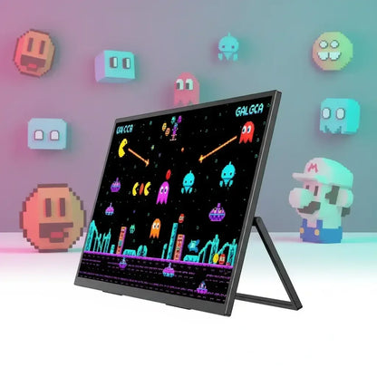 Portable gaming monitor displaying retro arcade game with pixel art characters and colorful background.