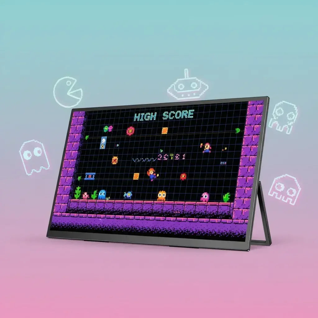 Portable monitor displaying retro pixel video game with high score, Pac-Man style icons