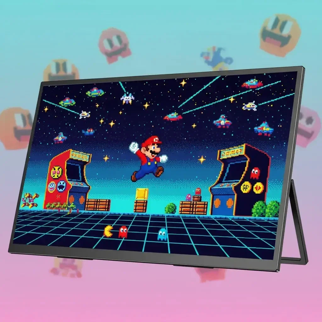 Portable gaming monitor displaying retro arcade game scene with pixel art characters