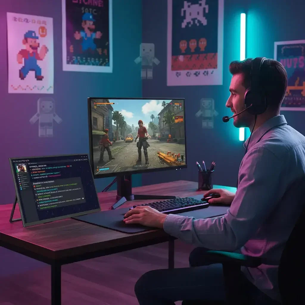 Man gaming at desk with dual monitors, wearing headset, colorful retro gaming posters on wall
