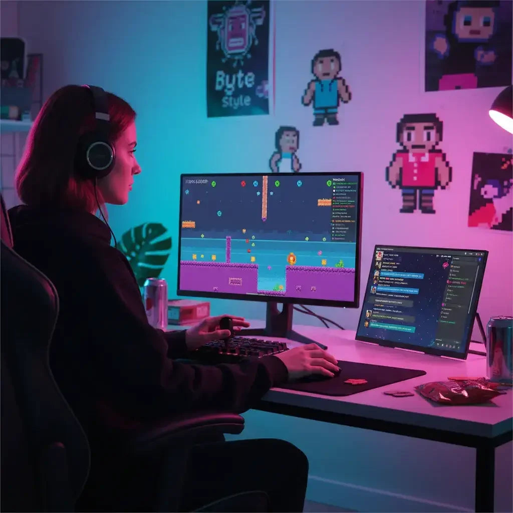 Woman gaming at RGB-lit desk with dual monitors, pixel art wall decor, and snacks
