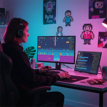 Woman gaming at RGB-lit desk with dual monitors, pixel art wall decor, and snacks