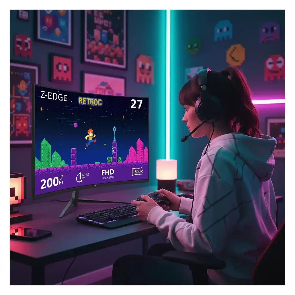Gamer woman using headset and controller, playing retro-style game on curved Z-Edge 200Hz FHD monitor in neon-lit gaming room