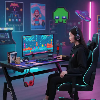 Female gamer playing pixel art platformer on curved monitor in neon-lit gaming room with retro posters
