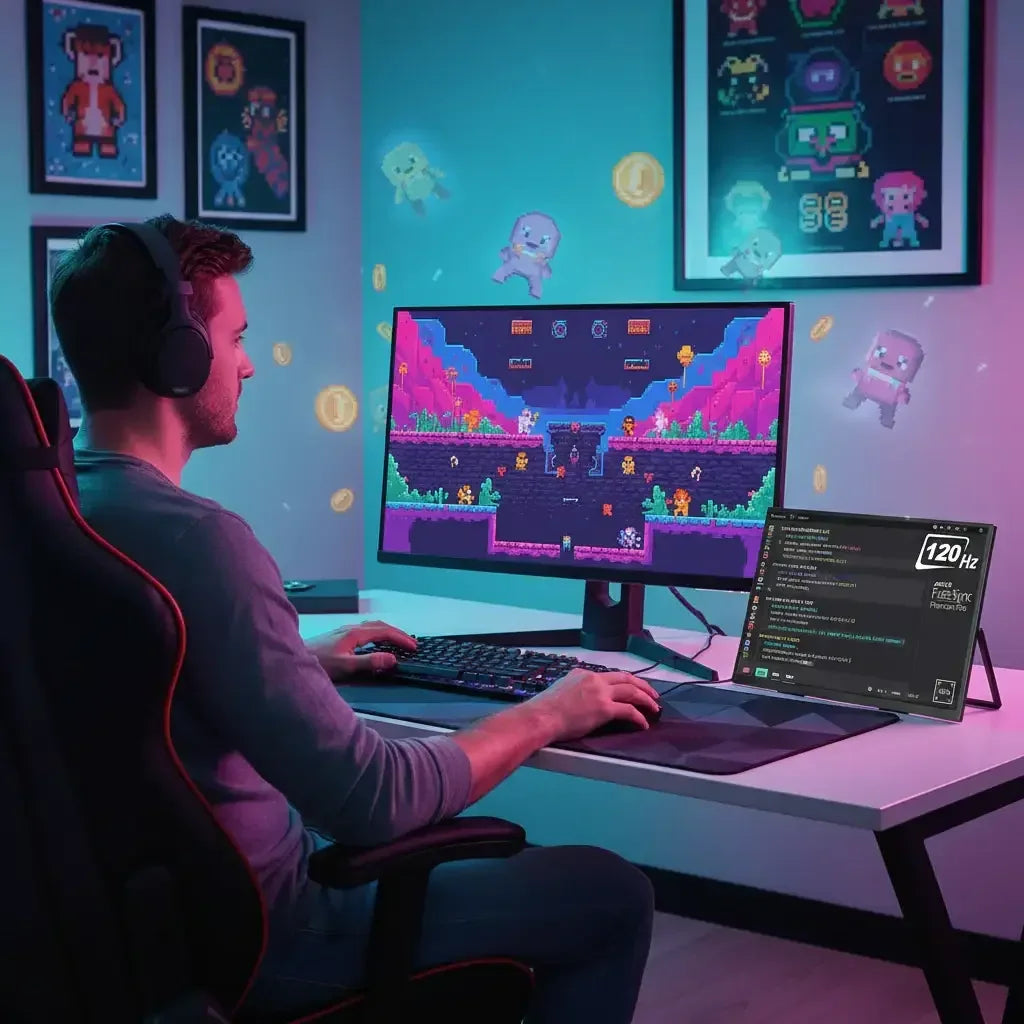 Gamer at desk playing colorful pixel art game on monitor, streaming setup, RGB lighting