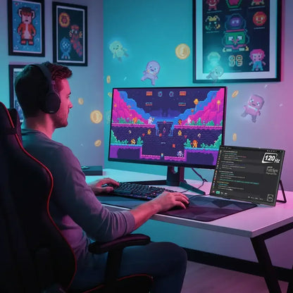 Gamer at desk playing colorful pixel art game on monitor, streaming setup, RGB lighting