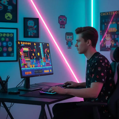 Gamer at RGB-lit desk playing pixel art video game in modern gaming room with neon lights
