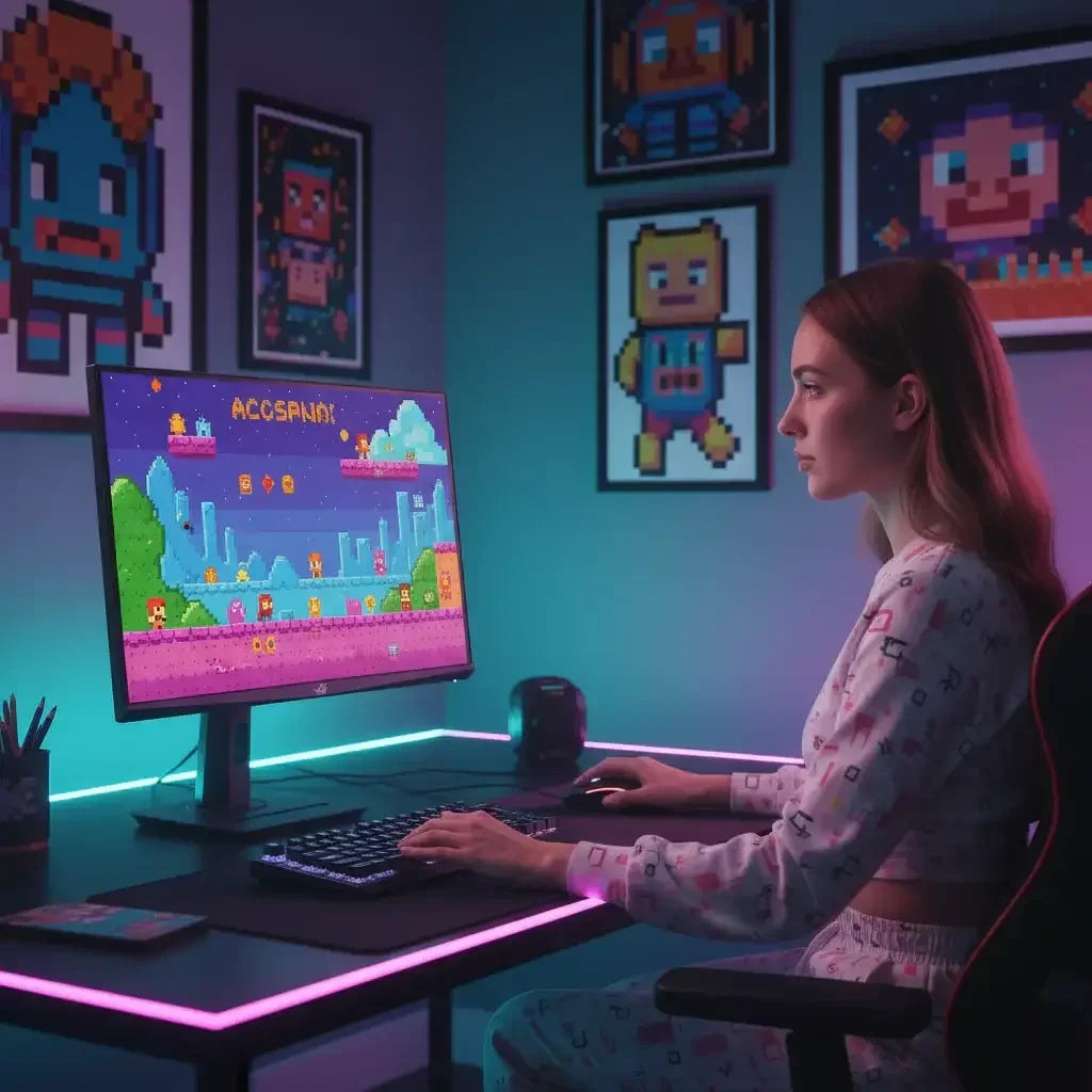 Woman gaming at RGB-lit desk, retro pixel art posters, playing pixel video game on monitor