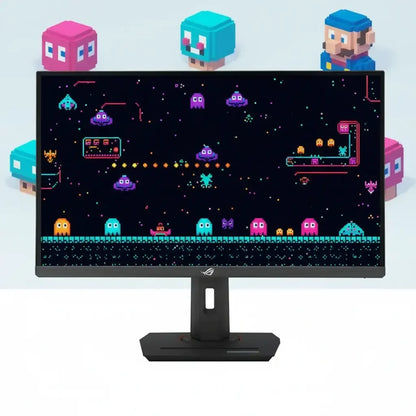 Gaming monitor displaying retro pixel art game with colorful voxel characters around