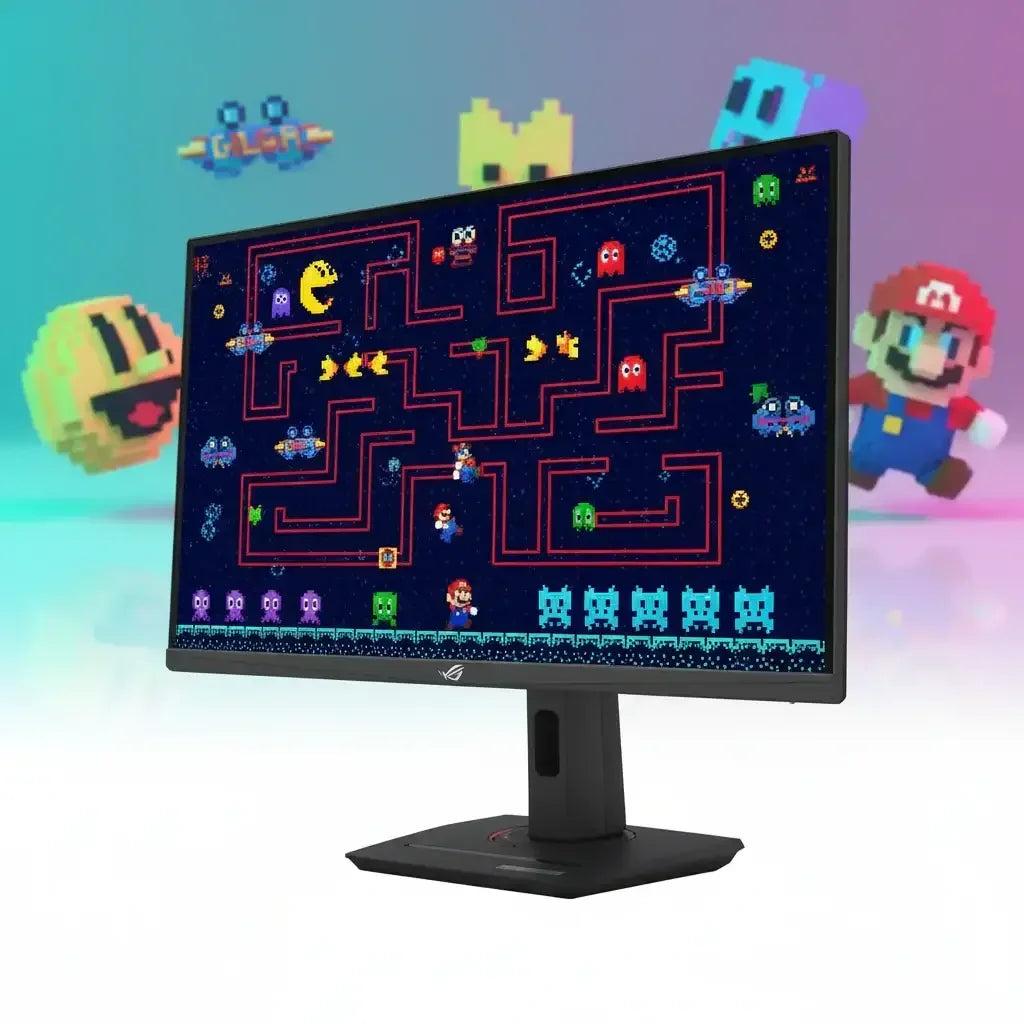Gaming monitor displaying retro pixel art game characters with colorful blurred background