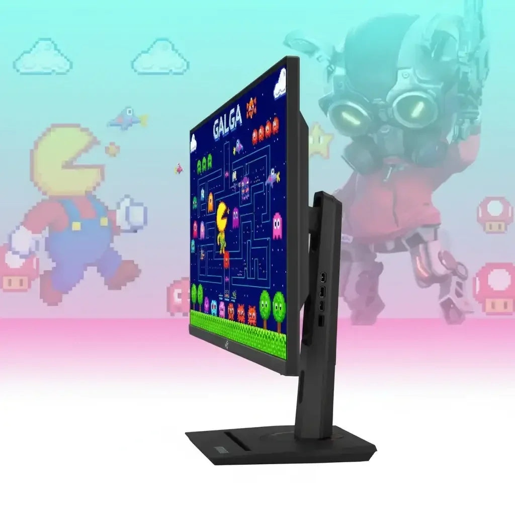 Slim gaming monitor side view showing retro arcade game, pixel art Mario and robots background