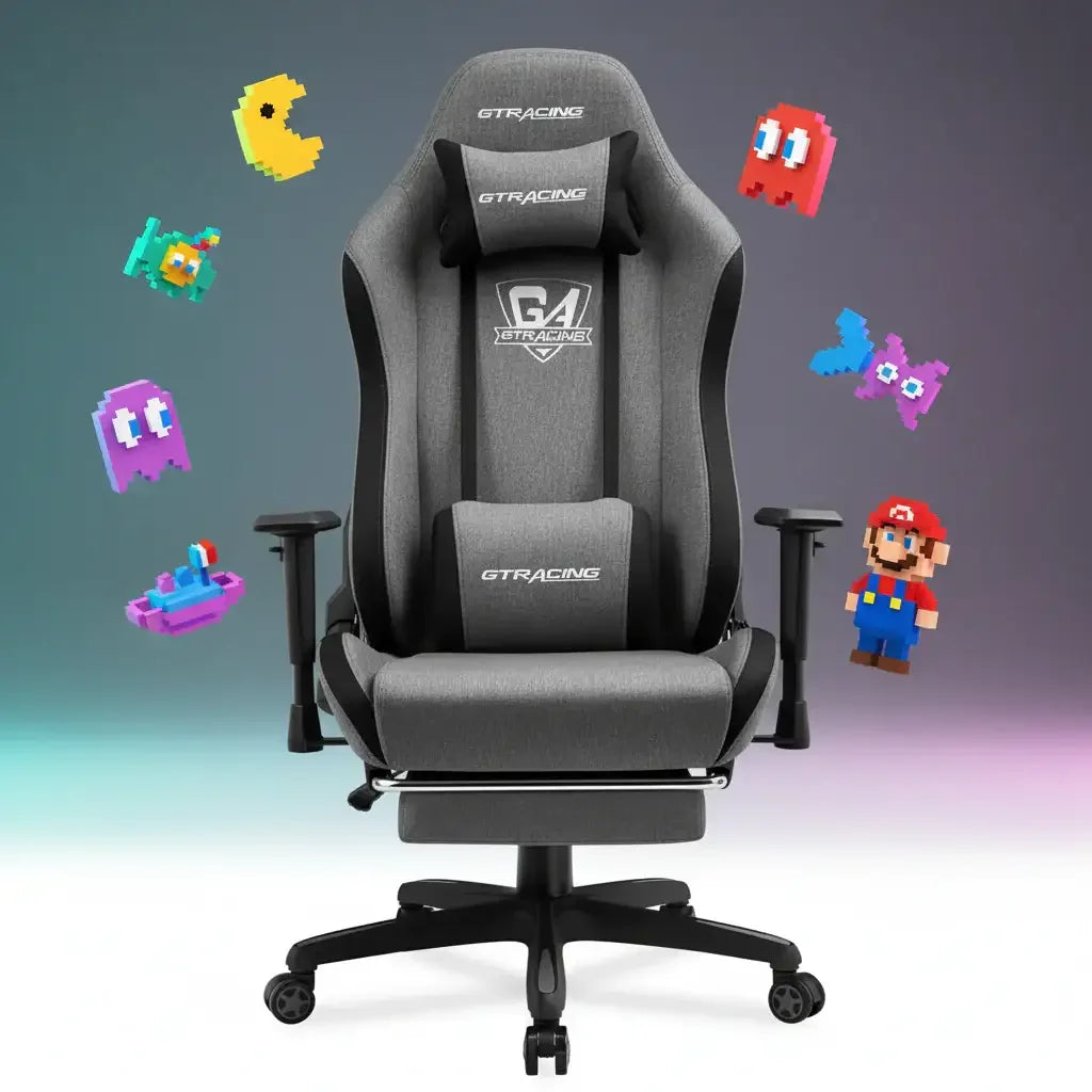 Gray GT Racing ergonomic gaming chair with pixel art video game characters around it