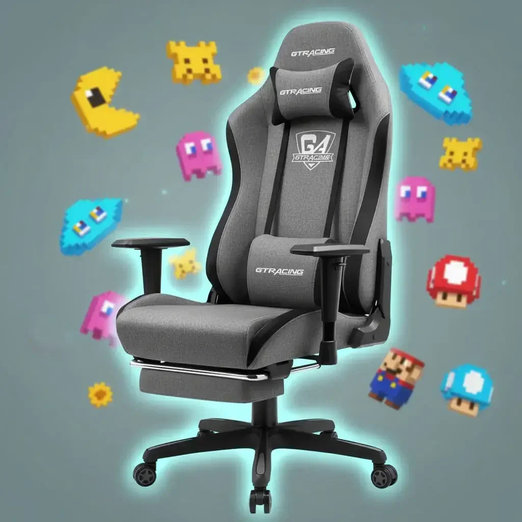 Gray GT Racing gaming chair with headrest and lumbar support, surrounded by retro pixel game characters