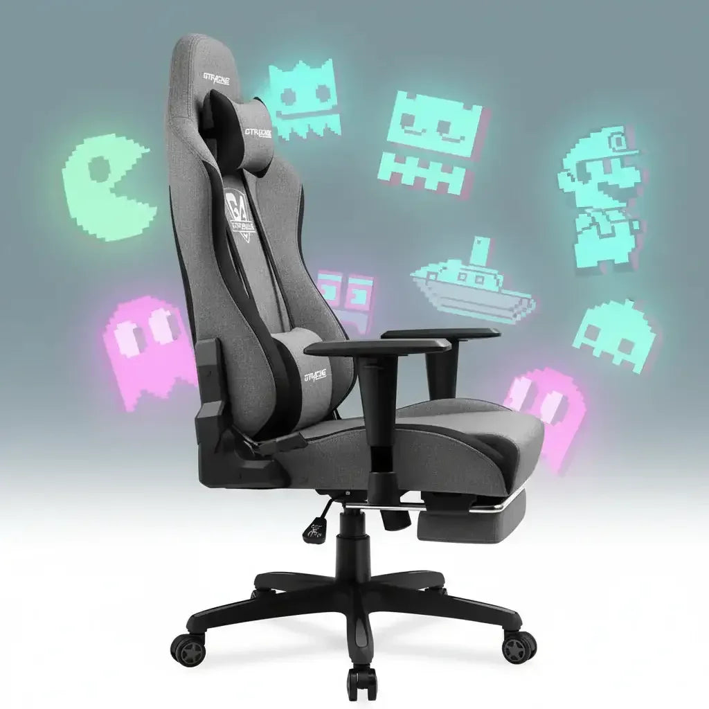 Grey ergonomic gaming chair with adjustable armrests and footrest against retro pixel art gaming icons background