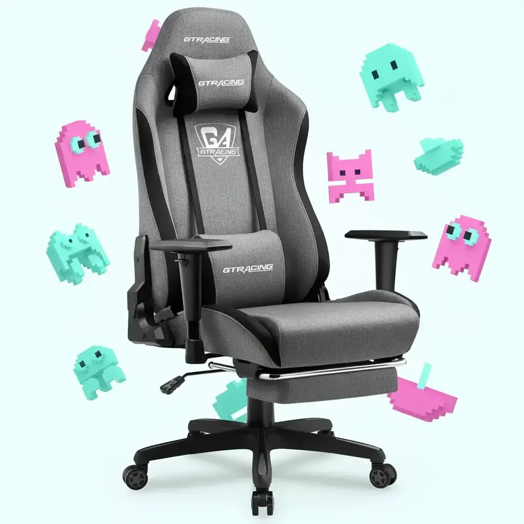 Gray GTRacing ergonomic gaming chair with footrest and black accents surrounded by pixel art retro game characters