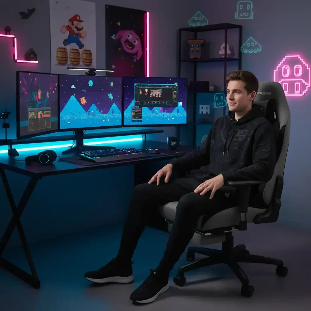 Young man sitting in gaming chair in dark room with triple monitors showing pixel art game and neon video game decor