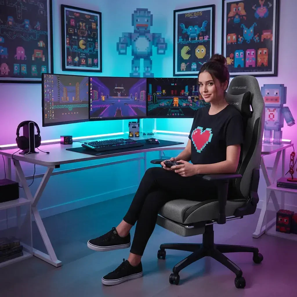 Woman gamer in heart pixel t-shirt sitting in gaming chair with triple monitors and retro arcade decor