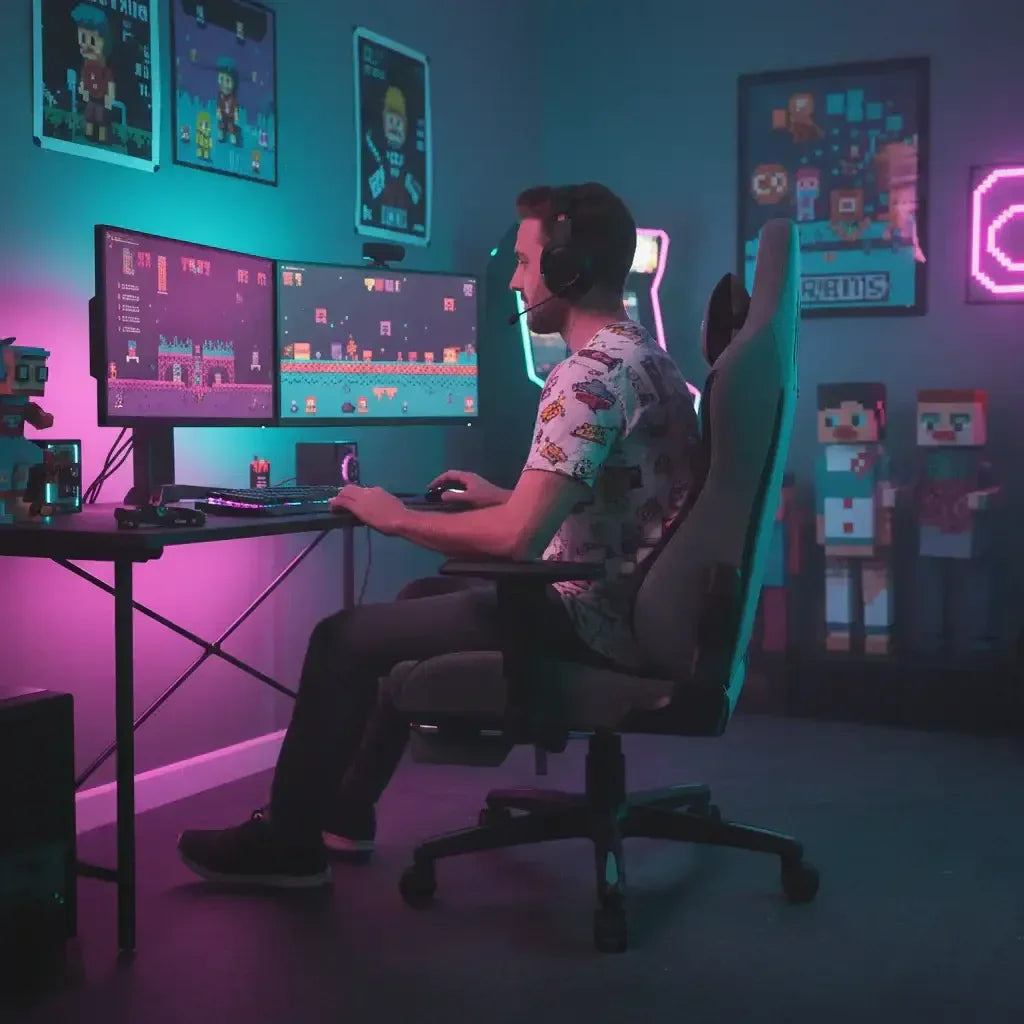 Gamer playing pixel art video game on dual monitors in neon-lit gaming room with pixel art posters