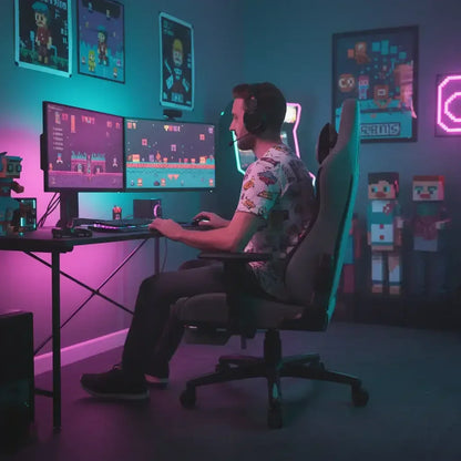 Gamer playing pixel art video game on dual monitors in neon-lit gaming room with pixel art posters