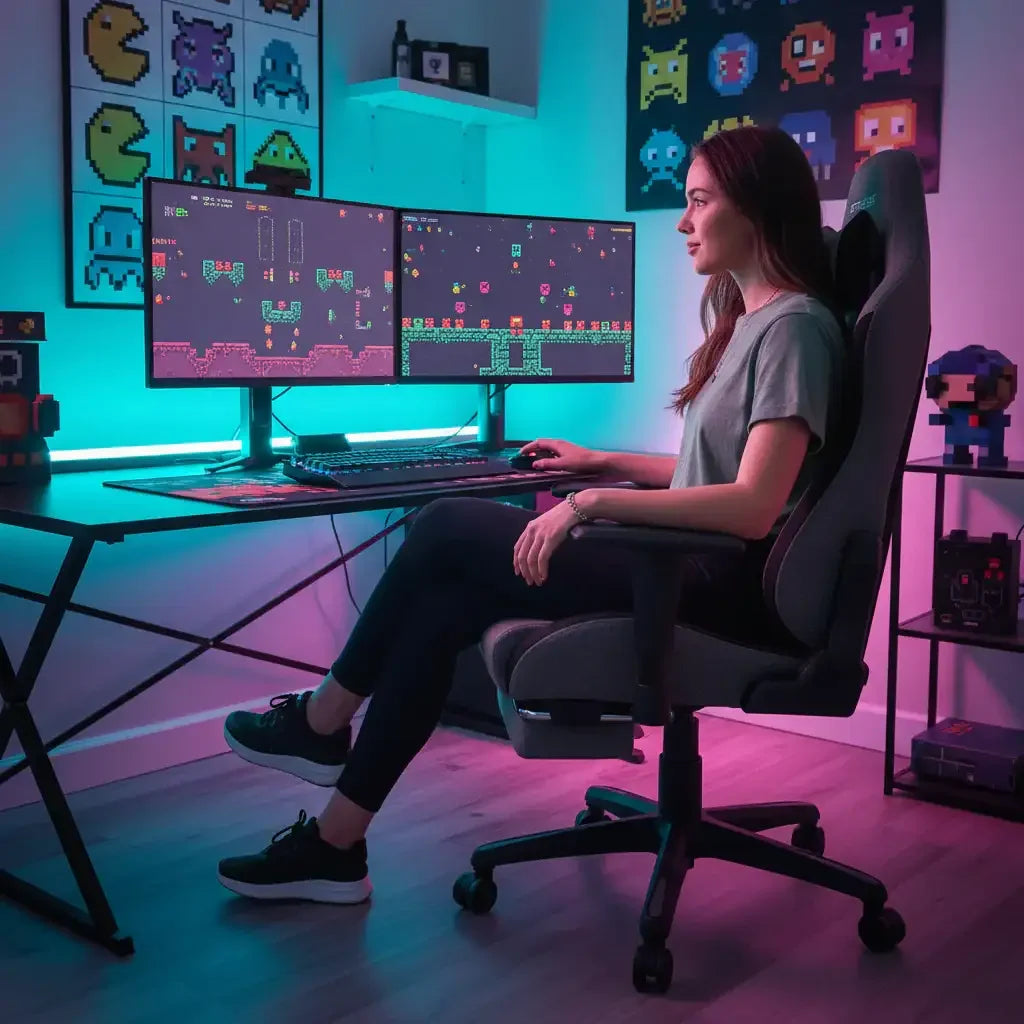 Woman seated in gaming chair playing retro pixel art game on dual monitors in neon-lit gaming room