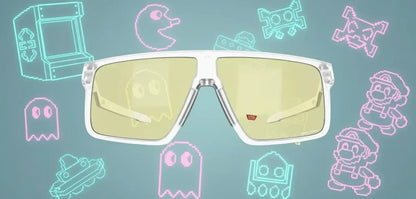 Clear frame yellow-tinted gaming glasses with retro arcade icons background