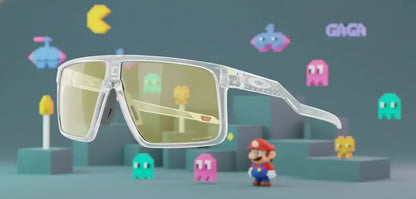 Transparent sunglasses with yellow lenses, retro video game characters and pixel art background