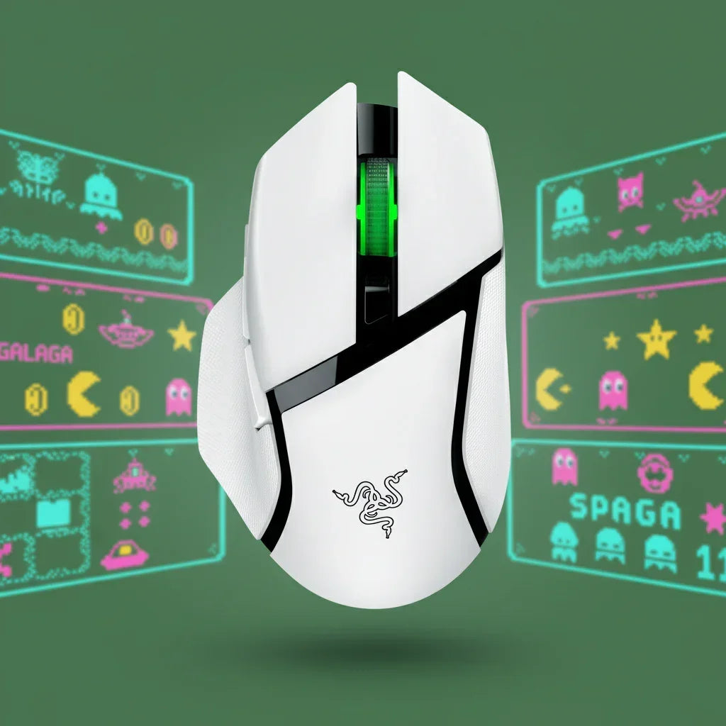 White Razer gaming mouse with green LED, retro arcade game graphics background