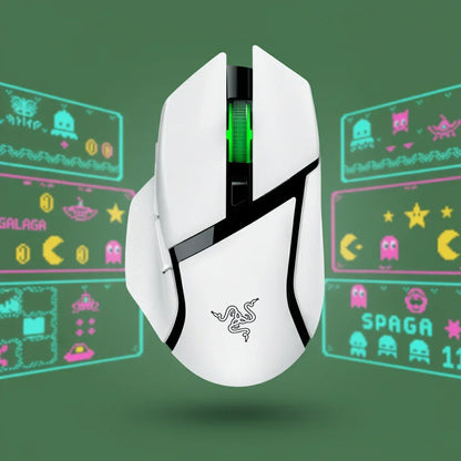 White Razer gaming mouse with green LED, retro arcade game graphics background