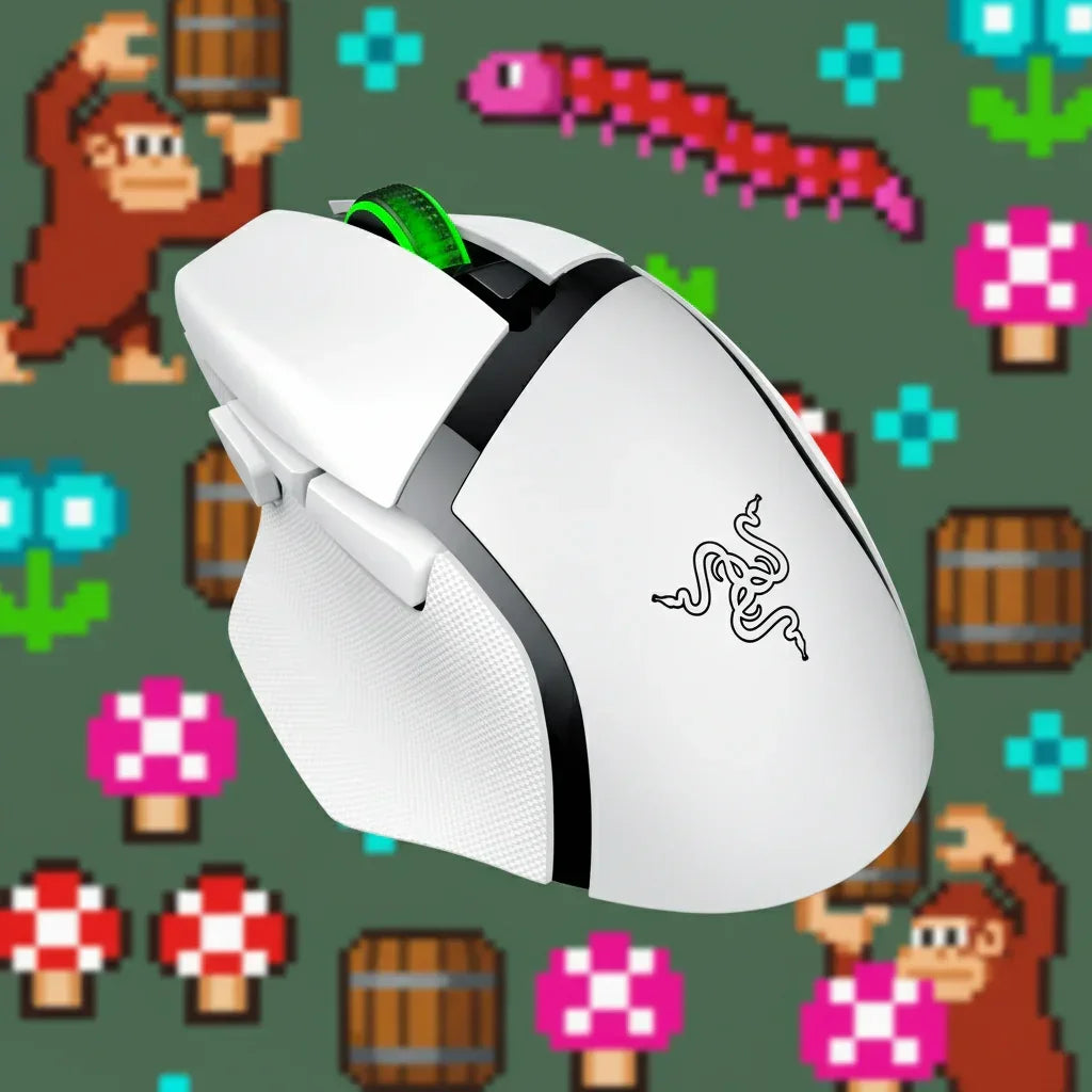 White Razer gaming mouse with green scroll wheel on retro pixel art video game background